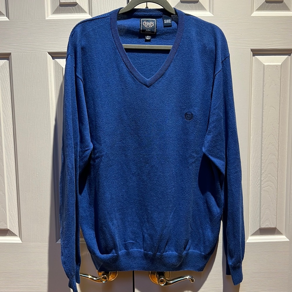 Royal blue Chaps V-Neck cotton cashmere sweater | XL